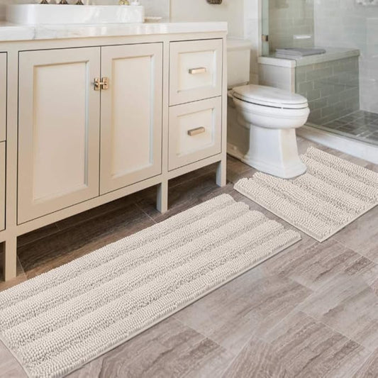 H.VERSAILTEX Bathroom Rugs Bath Rug Set 2 Piece Bathroom Contour Rug Toilet Mat Sets Non Slip Contour Bath Rug Ultra Thick Water Absorbent Striped Bath Mats Washable(47" x 17" Plus 20" x 20" U, Ivory)