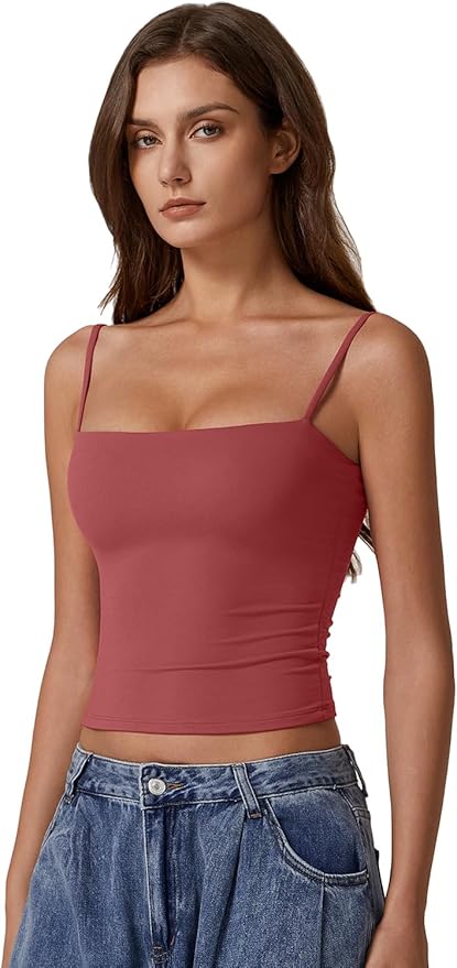 QINSEN Women's Double Lined Basic Tank Top Adjustable Spaghetti Straps Sleeveless Camisole Shirts
