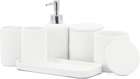 ZCCZ White Bathroom Accessories Set 6 Pieces - Toothbrush Holder, Lotion Dispenser, Qtip Container, Vanity Tray, Tumbler - Countertop Organizer for Bathrooms - Elegant and Functional Décor Set