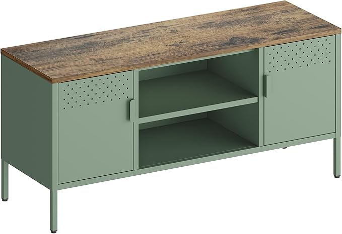 Manhattan Comfort Landen 47" Modern Metal TV Stand with Storage Cabinets & Open Shelves, Holds Up to 40" Screen, TV Console with Natural Wood Top, Cable Management, Adjustable Legs, Green