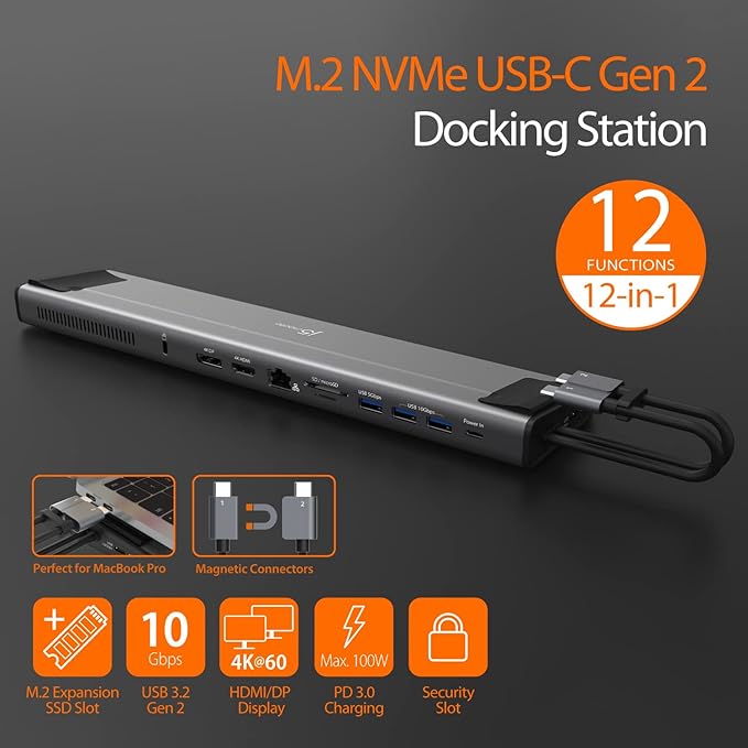 j5create USB C Dual 4K 60Hz Display Docking Station (12-in-1), Built-in M.2 SSD Slot, HDMI, DisplayPort, 10Gbps USB-A, Card Reader, PD 100W, Ethernet, for 2021 MacBook Pro (JCD552)