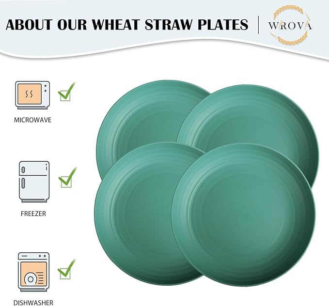Wheat Straw Plates - 10 Inch Unbreakable Dinner Plates Set of 8 - Dishwasher & Microwave Safe Plastic Plates Reusable for Indoors and Outdoors (Green)