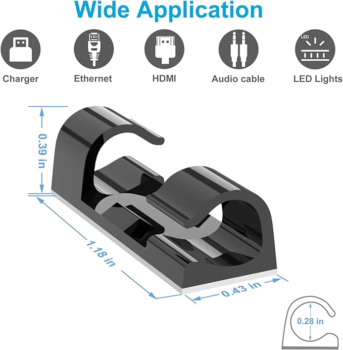 Self-Adhesive Cable Clips Black (60PCS, M), Upgraded Wire Clips for Wall, Strong Cord Organizer Cable Management Under Desk, Ethernet, Dash Cam, Outdoor Light