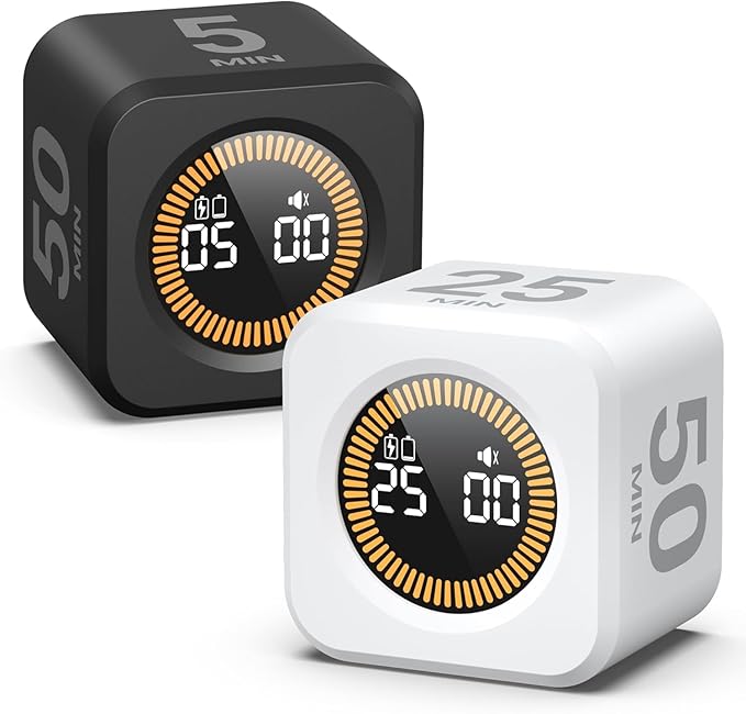 KADAMS Pomodoro Cube Timer Productivity Visual Timer - 5/10/25/50 Min Rotating Countdown (Black + White)