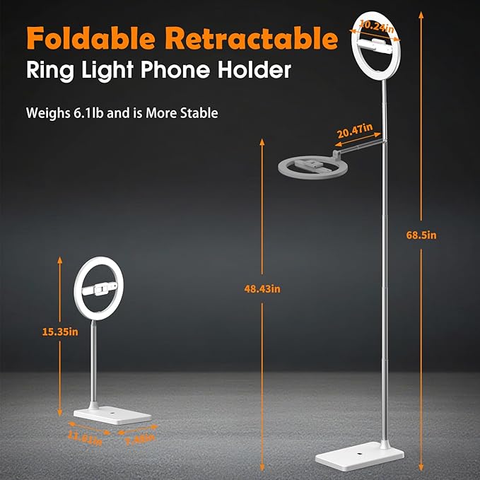 yAyusi 68.5" Overhead Phone Mount with Ring Light for iPhone, 3000mAh 360° Rotation Foldable Rechargeable Ring Light Phone Holder for Video Recording, Photography, Live Streaming, TikTok, YouTube