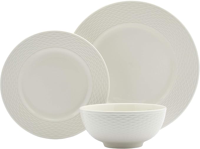 TTU Tabletops Gallery Embossed Bone White Porcelain Round Dinnerware Collection- Chip Resistant Scratch Resistant, Dubai 12 Piece Dinnerware Set (Dinner Plate, Salad Plate, Cereal Bowl)