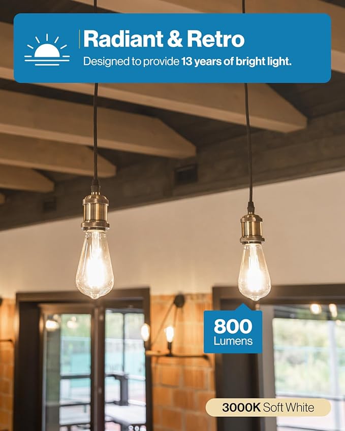 Sunco 100 Pack Edison Bulbs LED ST64, Clear Vintage Filament Waterproof Bulb, 800 LM, 8W (60W Equivalent), ST19, 3000K Warm White, E26 Medium Base, Decorative Dimmable UL