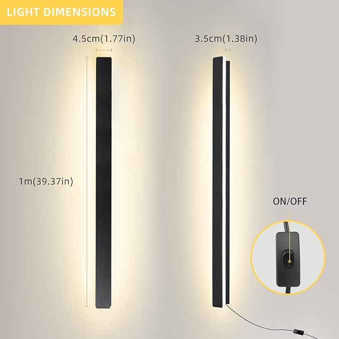 Modern Plug in Long Wall Sconce, 39" Black Matte LED Wall Lights, 20W Warm White 3000K Acrylic Indoor Wall lamp, with 59" Plug Cable for Bedroom, Living Room, Hallway