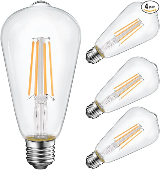 Energetic ST19 Vintage LED Edison Bulbs, 60 Watt Equivalent, ST64 LED Filament Bulbs, CRI 95+, Soft White 2700K, Non-Dimmable, E26 Standard Base, UL Listed, 4 Pack