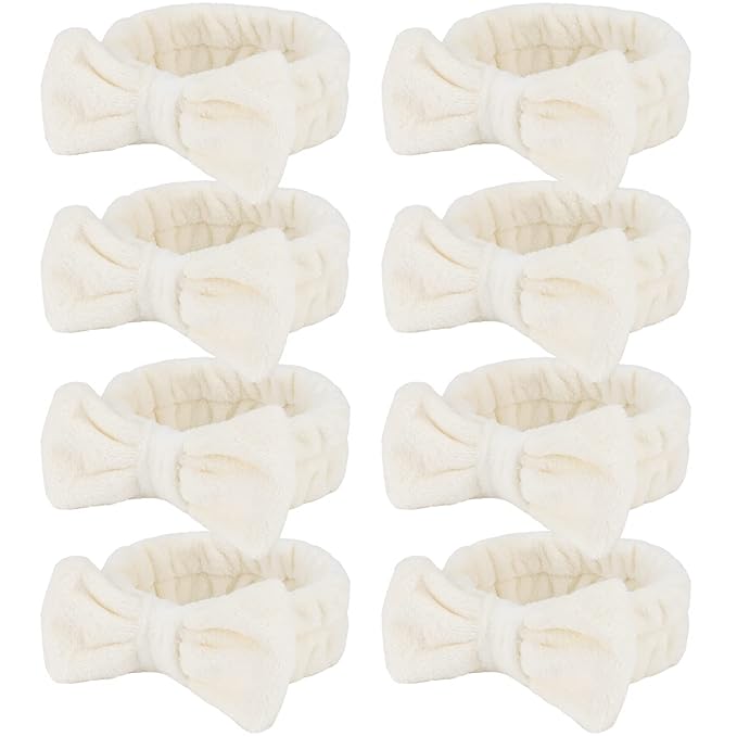 Ondder Spa Headband for Washing Face 8 Pack Beige Skincare Headbands for Women Girls Terry Cloth Cute Bow Head Bands