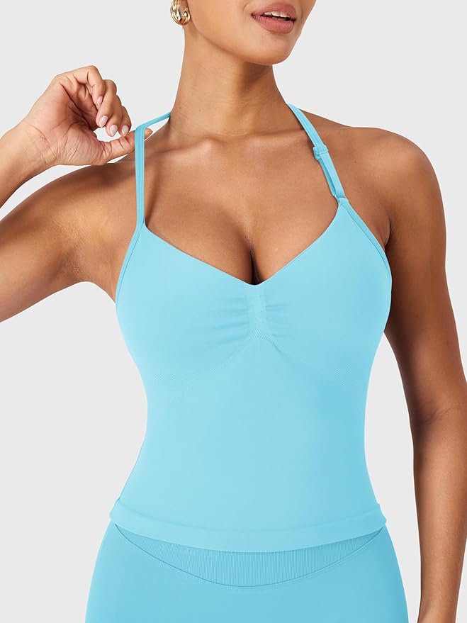 YEOREO SoftHue Impact Longline Strappy Top Women's Halter Workout Tank Tops Backless Gym Longline with Adjustable Strap