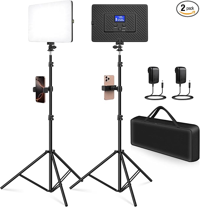 2 Pack Led Video Light Kit, 4000mAh Rechargeable Lithium Battery, Light Panel 2500k-8500k 2200Lux 79 inches Light Stand for Studio Photography Light Video Recording Game Live Streaming