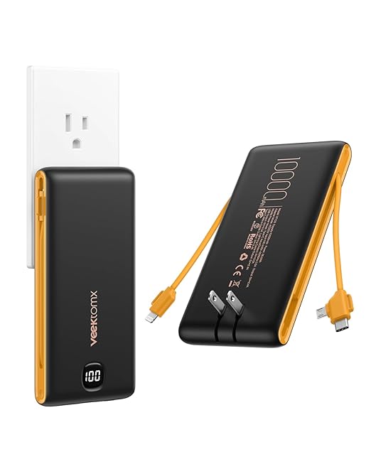 VEEKTOMX Portable Charger with Built in Cables 10000mAh, Power Bank for iPhone with Wall Plug, Travel Essential Fast Charging USB C Slim External Battery Pack for iPhone 17/16/15, Samsung, iPad, etc