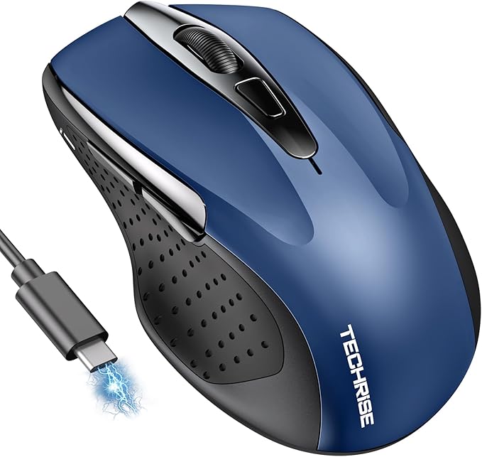 TechRise Bluetooth Mouse (BT5.0/3.0 & 2.4G) Rechargeable Wireless Mouse, 4800 DPI Optical Tracking, 6 Adjustable DPI, 2.4GHz with USB A Receiver, Quiet Clicks, Ergonomic Grips, 6 Buttons - Blue