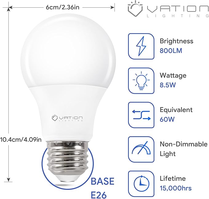 24 Pack A19 LED Light Bulb Daylight 5000K LED Bulbs, 60 Watt Equivalent, Efficient 8.5 Watt, 800 Lumens, E26 Medium Base, Non-Dimmable, ETL/UL Listed