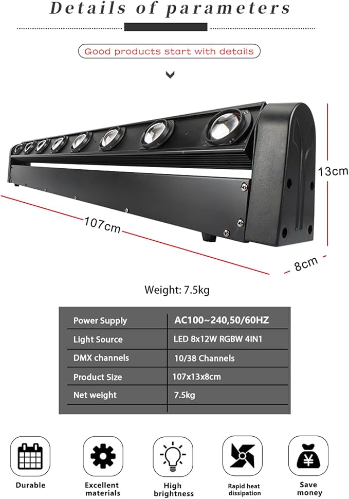 SHEHDS Moving Head Led Light Bar LED 8x12W, RGBW 4IN1, with Beam & Dazzling Effect, 8° Lens, 180° Tilt,DMX & Sound Control dj Lighting for Stage, Wedding, Theater, Church, Disco