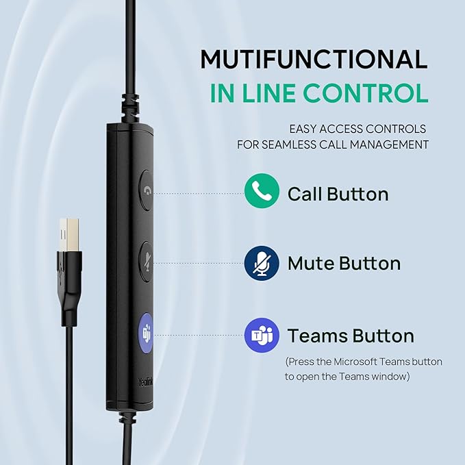 Yealink UH36 Professional USB Headset, Wired Headphones for Work Calls and Music, Headset with Noise Cancelling Mic for Computer PC Laptop（for Teams Certified, Mono,3.5mm Jack/USB Connection）