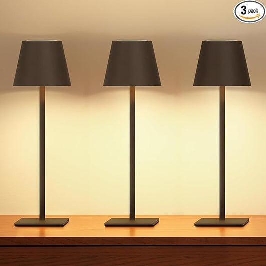 UME 3 Pack Cordless Table Lamp, Battery Operated Lamp - Portable Waterproof Rechargeable Table Lamp w/ 3 Color Temps & Stepless Dimming for Dinner, Desk, Cafe, Outdoor (Matte Brown)