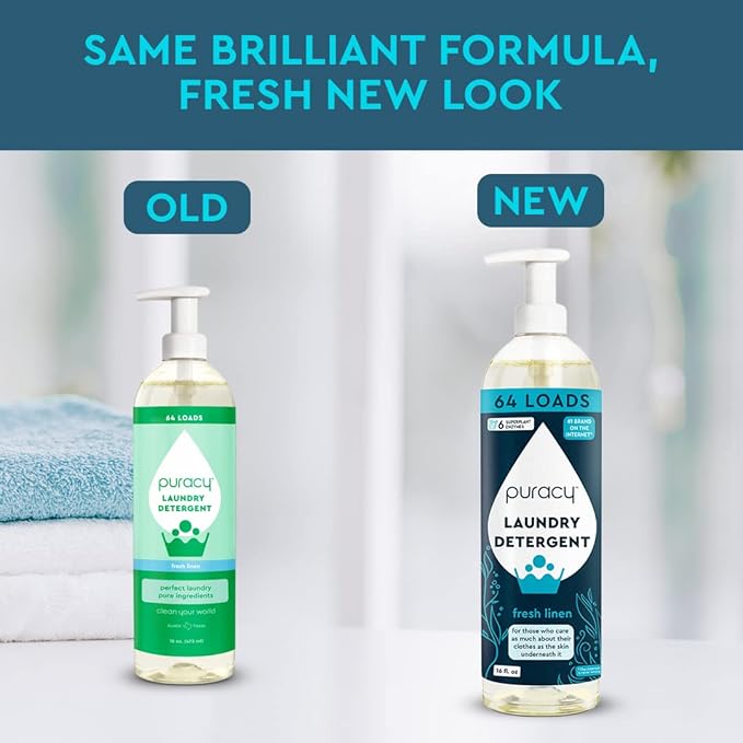 Puracy Laundry Detergent - Enzyme-Powered Liquid Laundry Detergent Concentrate, Natural Laundry Detergent Seen on TikTok, Non-Toxic (Fresh Linen, 16 fl oz, 64 Loads)