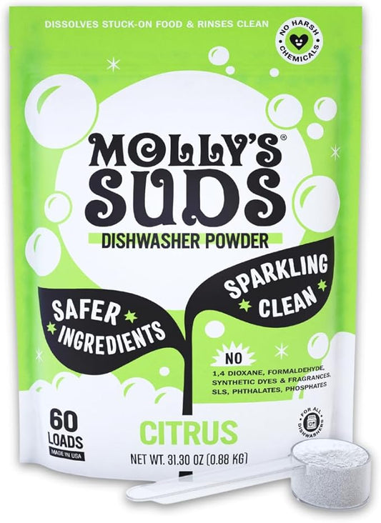 Molly's Suds Dishwasher Powder | Clean Dishwasher Detergent, Cuts Grease & Rinses Clean (Residue-Free) for Sparkling Dishes | 60 Loads (Citrus)