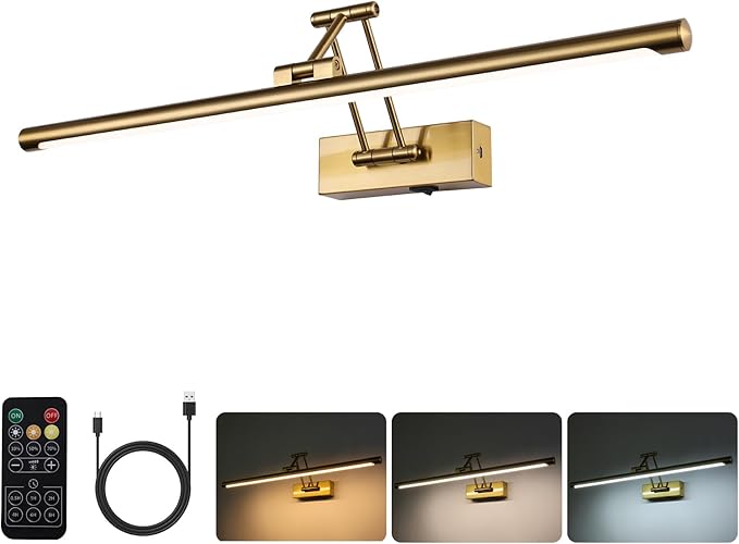 Picture Light Battery Operated with Remote LED Dimmable Picture Light for Paintings, Brass Rechargeable 24 inch Battery Operated Wall Sconce for Art Lighting Gallery Portrait Artwork