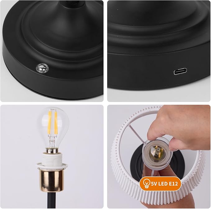 Cordless Rechargeable Table Lamp 5200mAh - Stepless Dimming & 3-Color Temperature, Touch Control Bedside Lamp with Fabric Shade for Bedroom, Patio, Camping, Balcony (Black)