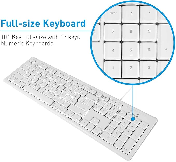 Macally Full-Size USB Wired Keyboard for Mac Mini/Pro, iMac Desktop Computer, MacBook Pro/Air Desktop w/ 16 Compatible Apple Keyboard with Numeric Keypad, Rubber Domed Keycaps - Spill Proof