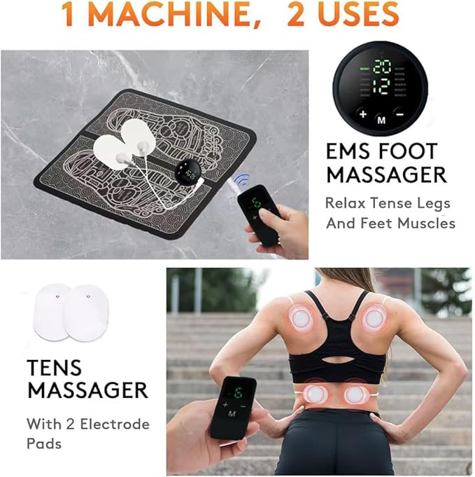 TENS & EMS Stimulator ，Portable EMS TENS Foot Massager， Electronic Nerve Stimulator for Foot，Foot Relaxation，12 Modes with Remote Control Charging Version
