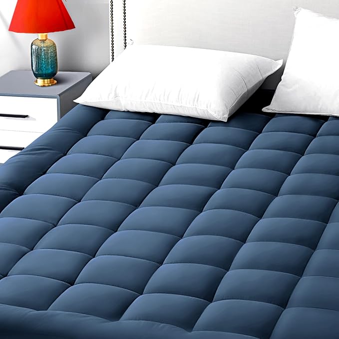 EASELAND King Size Mattress Pad Pillow Top Mattress Cover Quilted Fitted Mattress Protector 8-21" Deep Pocket Cooling Mattress Topper (78x80 Inches, Dark Blue)