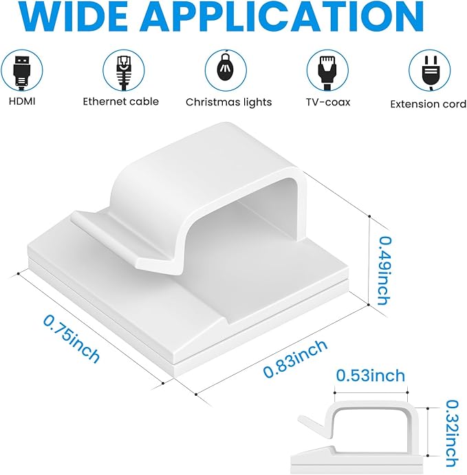 Large Adhesive Cable Clips,（50Pcs,White）,Cord Organizer for HDMI,Light String,Power Plug,Extension Cord, Ethernet Cable, TV Coax, Electric Wires,Cable Management Under Desk, Wall