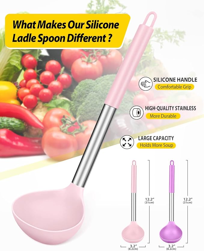 Pack of 2 Ladle Spoon,Silicone Large Spoon for Soup,Non Stick Kitchen Utensils with High Heat Resistant,BPA Free Perfect Kitchen Tools for Cooking, Stirring,Serving Soups (PINK-PURPLE)