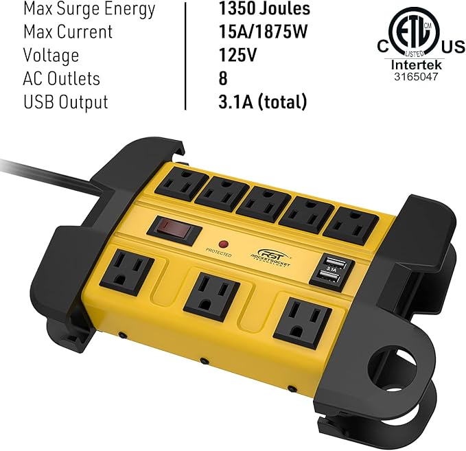 Heavy Duty Surge Protector Power Strip with 2 USB Ports, CRST 8-Outlet Metal Industrial Power Block with 15A Circuit Breaker, 6ft Extension Cord, 1350 Joules for Workshop, Garage, Office, Shop…