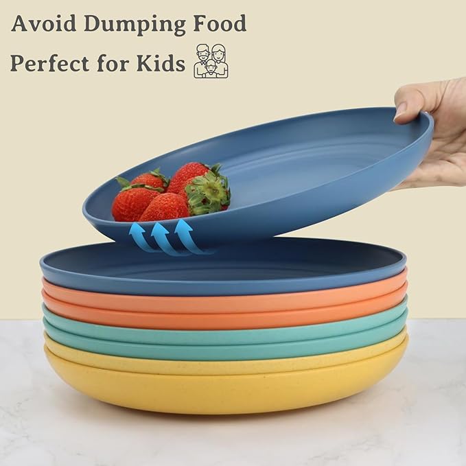 Large Wheat Straw Dinner Plates - 11 Inch Unbreakable Big Set of 8 - Dishwasher & Microwave Safe Plastic Plates - Deep Edge for Kitchen & Camping (Colorful)