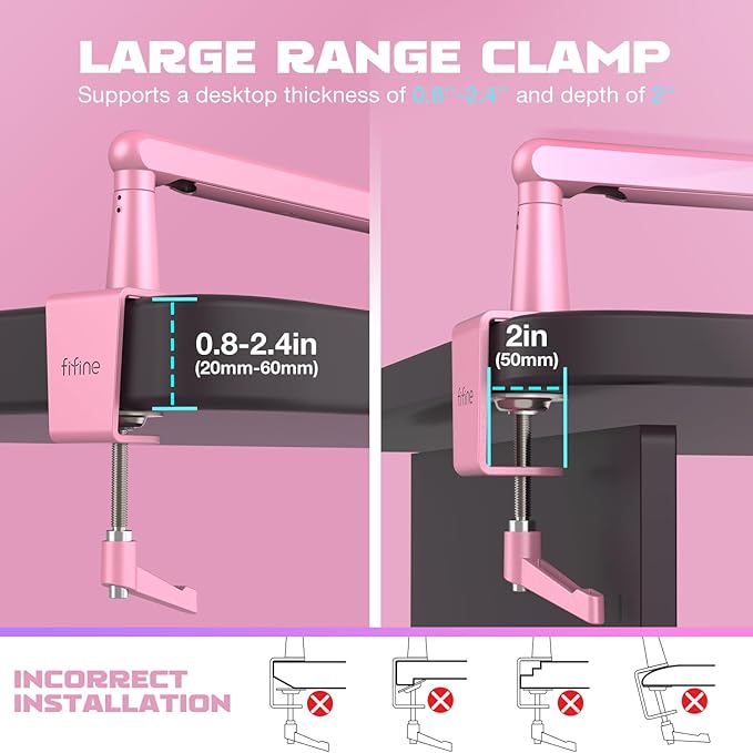 FIFINE Low Profile Boom Arm Mic Stand, Microphone Stand with Cable Management Channel, Desk Clamp, Screw Adapter for Streaming Podcast Recording, Adjustable Metal Mic Boom Arm Pink-BM88P
