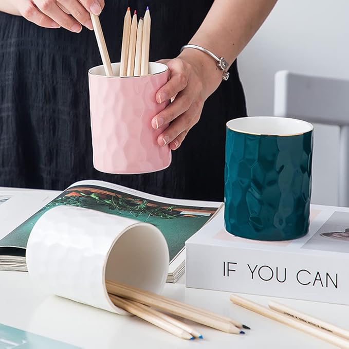 Ceramic Pen Holder Stand Cup Pencil Holder Organizer Makeup Brush Holders for Home Office Desk (Pink)