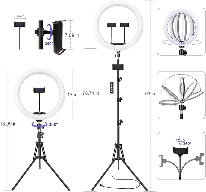 13" Selfie Ring Light with 76" Tripod Stand & 3 Phone Holder, LED Camera Ringlight with 48 RGB Colors Modes & Musical Rhythm Mode and 12 Brightness Dimmable for Makeup/Photography/Videos/Vlog/TikTok