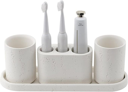 Bathroom Accessories Set, 4 pcs Toothbrush Holders Set Included 3 Slots Electric Toothbrush and Toothpaste Holder Stand, 2 Tumblers & Tray for Bathroom Countertop Sink Modern Decor (White)