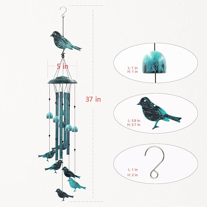 Bird Wind Chimes for Outside Windchimes Outdoors with 6 Wind Bells Hanging Decor for Patio Garden Porch Backyard Birthday Thanksgiving Christmas for Mom Grandma Nana