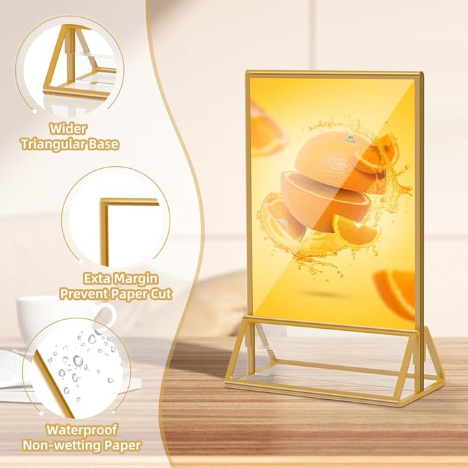 12 Pack Acrylic Sign Holder 5x7 Gold Frame Double Sided Display Stand, Clear Sign Holder Table Plastic Paper Holder, Acrylic Frames for Home Office Shop Photo Frames