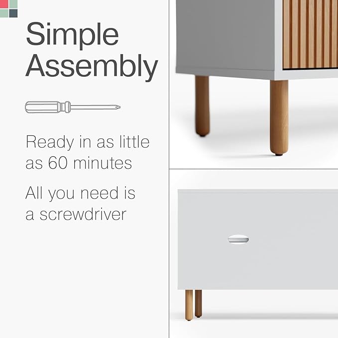 Fluted TV Stand - Media Console & Console Table with Cord Management - Soft-Close Doors & Adjustable Shelves Storage Cabinet - Living Room Entertainment Center - 70-Inch White & Oak