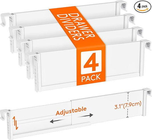 Lifewit Hanging Kitchen Drawer Dividers 3.1" High, 10-17" Adjustable Drawer Organizers for Utensils, Expandable Dresser Separators in Kitchen/Bedroom/Bathroom/Vanity/Office, White(4 Pack)