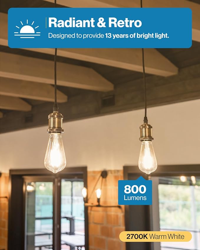 Sunco 50 Pack Edison Bulbs LED ST64, Clear Vintage Filament Waterproof Bulb, 800 LM, 8W (60W Equivalent), ST19, 2700K Soft White, E26 Medium Base, Decorative Dimmable UL