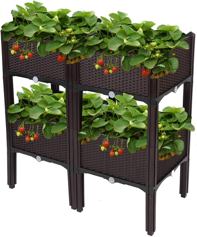 VINGLI Square Raised Garden Bed, Self-Watering Plastic Planter for Indoor Outdoor Vegetables, Fruits, Potato, Flowers, All Weather (4 Pcs)