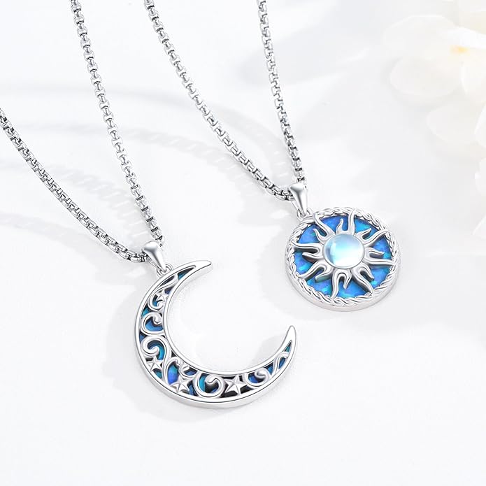 Yin Yang Necklaces 925 Sterling Silver Friendship Sun Moon/Mountain/Dolphin/Tree of Life/Flower/Wings Pendant Necklace Moonstone Abalone Opal Jewelry for Women Men Couples