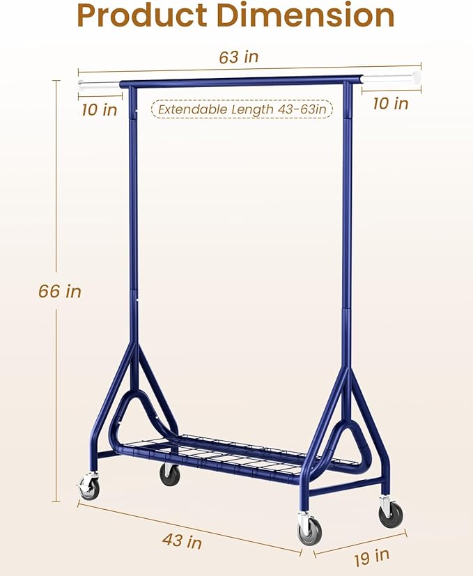 Heavy Duty Clothing Rack, Metal Clothes Rack Load 450 LBS, Rolling Coat Racks for Hanging Clothes with Lockable Wheels, Wardrobe Closet Garment Racks for Bedroom, Navy Blue
