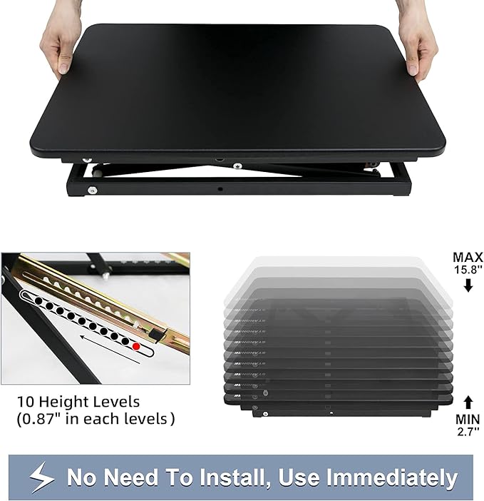 Standing Desk Converter Height Adjustable Stand Up Desk Riser - Supports 300 lbs, Fully Assembled Monitor/Laptop Riser Workstation, Black.