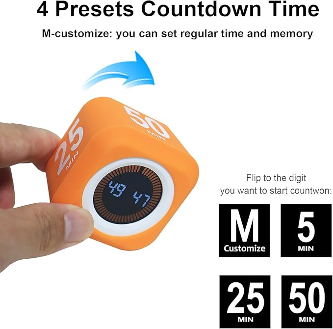 FCXJTU Rotating Cube Pomodoro Visual Timer 5, 25, 10 50 Minutes Preset, Rechargeable Desk Productivity Flip Timer w/Silicone Cover, Custom Countdown, Silent Mode for ADHD, Study, Work, School(Purple)