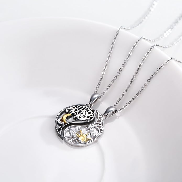 Yin Yang Necklaces 925 Sterling Silver Friendship Sun Moon/Mountain/Dolphin/Tree of Life/Flower/Wings Pendant Necklace Moonstone Abalone Opal Jewelry for Women Men Couples