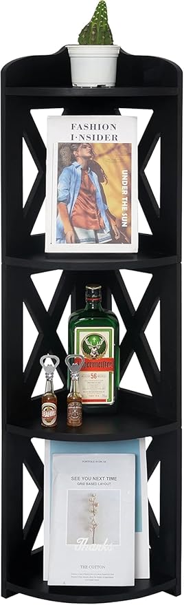 NHZ Corner Shelf Stand, Wood Corner Bookshelf, Corner Bookcase and Plant Stand (Black, 4 Tier)