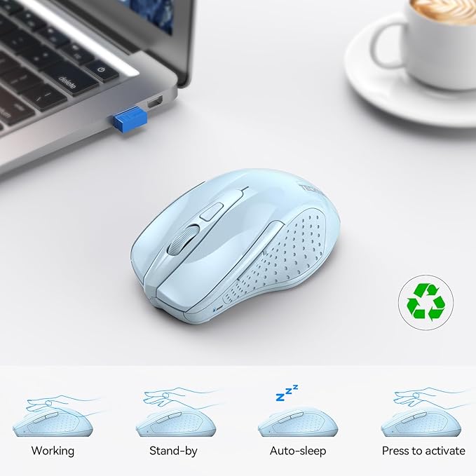 TECKNET Wireless Mouse (2.4G & BT5.0/3.0) Silent 4800 DPI Computer USB A & Bluetooth Mouse 6 Buttons, Wide Compatibility - Lightblue